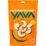 275g bag of YAVA Wild-Harvested Raw Cashews featuring a white and tan label with illustrations of cashew nuts.