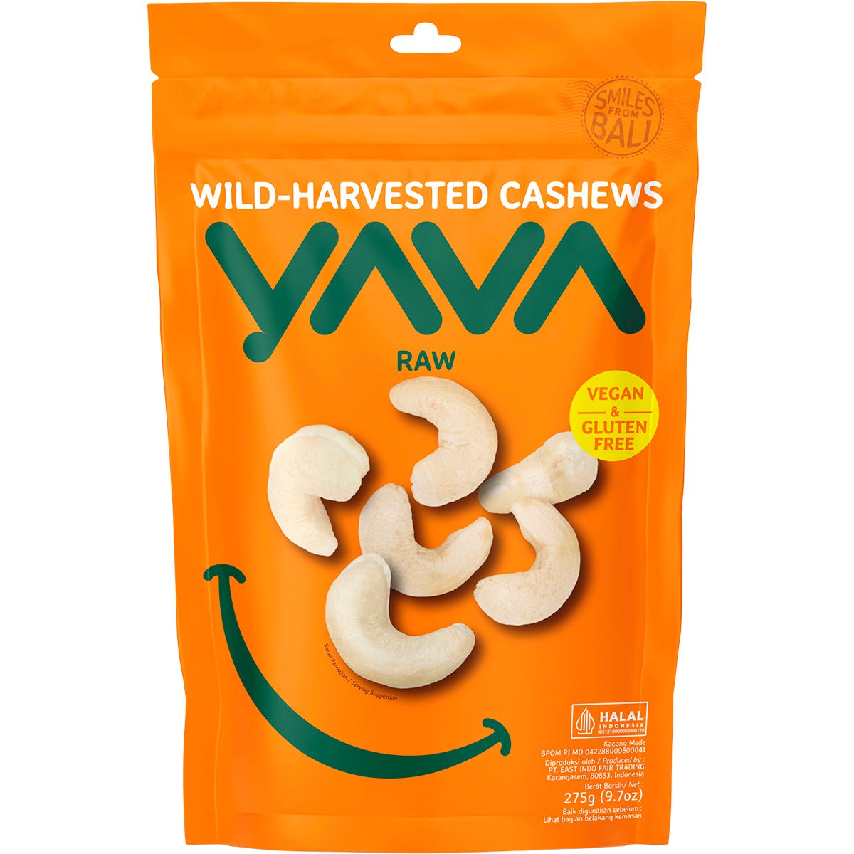 275g bag of YAVA Wild-Harvested Raw Cashews featuring a white and tan label with illustrations of cashew nuts.