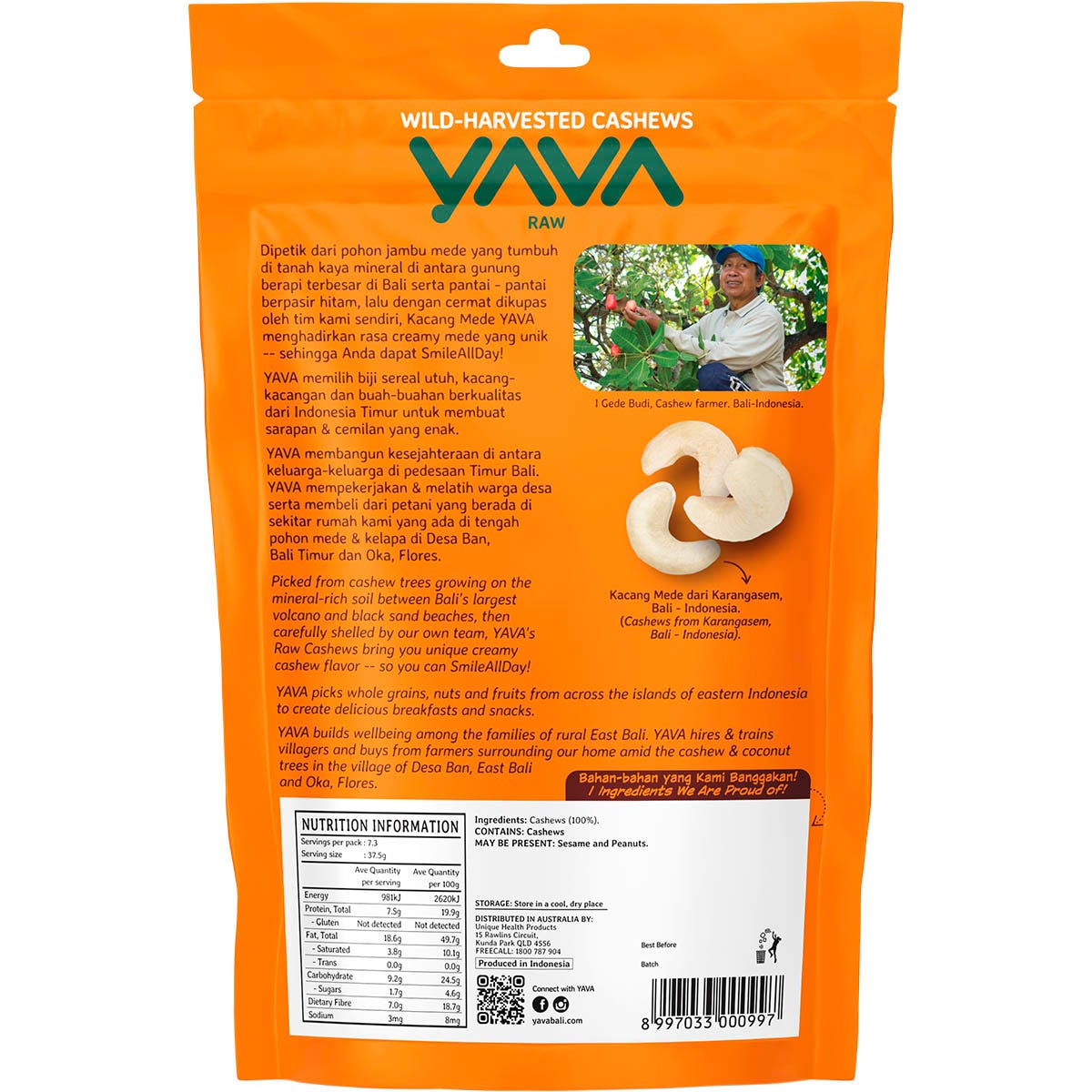 Back of YAVA 275g Raw Cashews bag with ingredients, nutritional facts, and storage instructions.