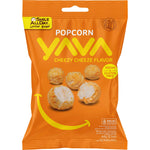 60g bag of YAVA Cheezy Cheeze popcorn featuring whole kernels, real coconut flakes, and a yellow cheese-themed label.