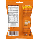 Back of YAVA Popcorn Cheezy Cheeze 60g bag with ingredients, nutrition facts, and snack information.