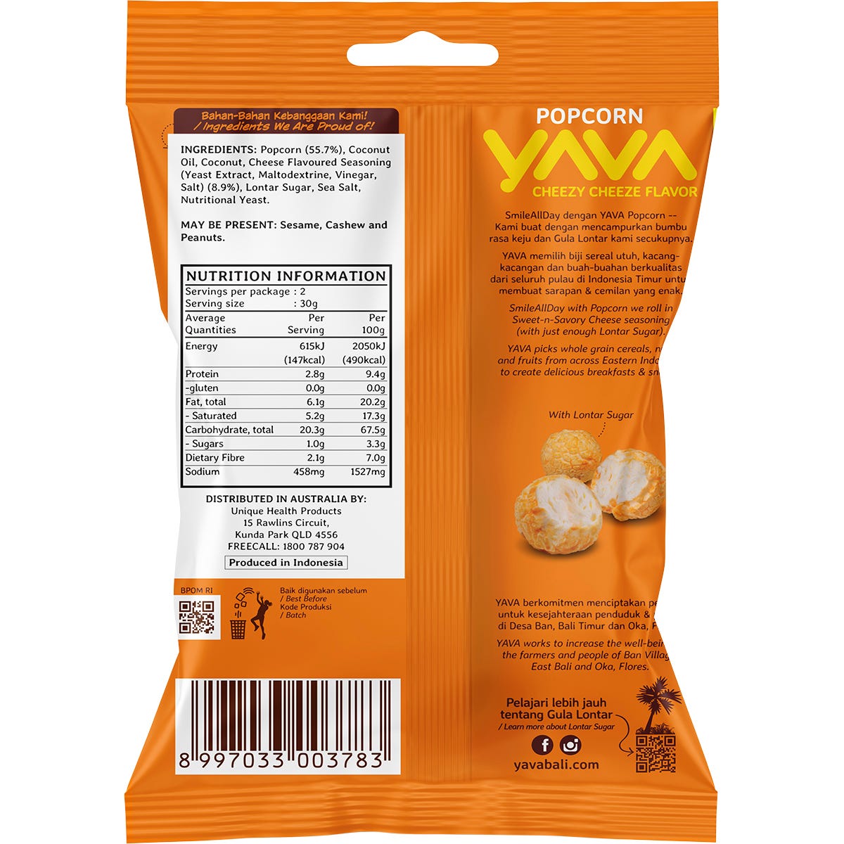 Back of YAVA Popcorn Cheezy Cheeze 60g bag with ingredients, nutrition facts, and snack information.