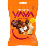 60g bag of Yava Popcorn Cacao Peanut featuring chocolate-covered popcorn and peanuts on the label.
