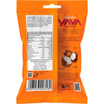 Back of YAVA Cacao Peanut Popcorn 60g pack showing ingredients, nutrition facts, and dietary benefits.