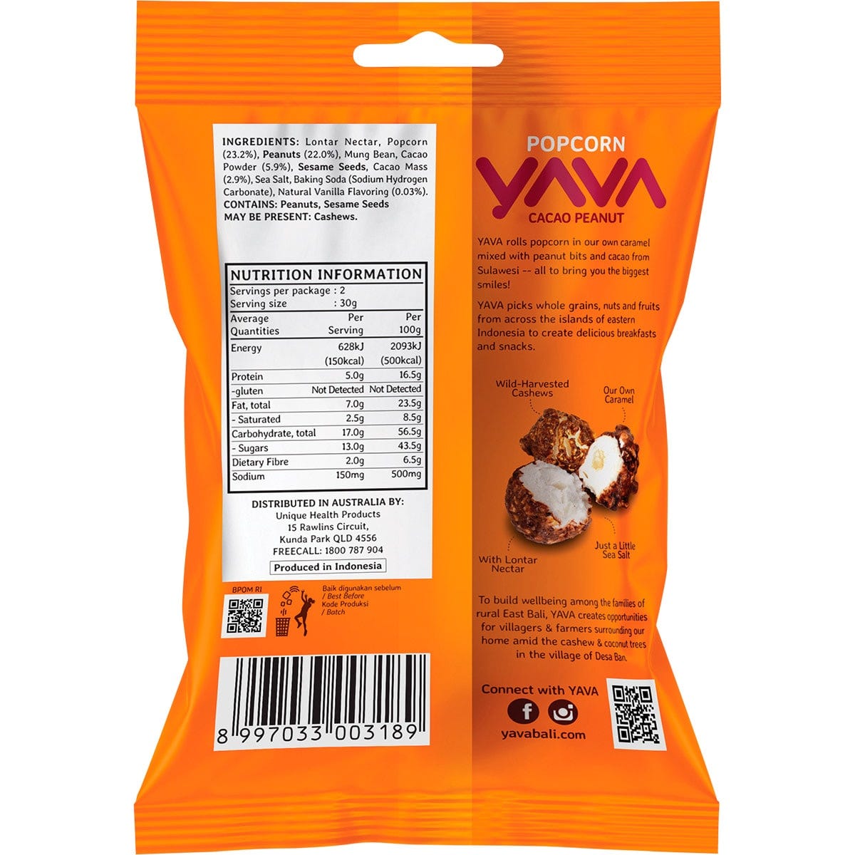 Back of YAVA Cacao Peanut Popcorn 60g pack showing ingredients, nutrition facts, and dietary benefits.