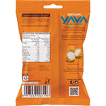 Back of YAVA Sea Salt Caramel Popcorn 60g bag with ingredients, nutrition facts, and storage instructions.