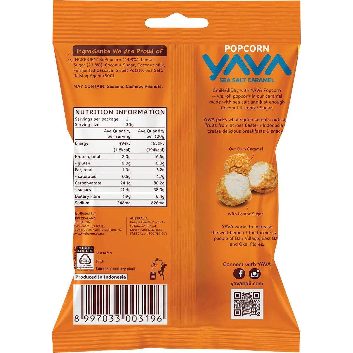 Back of YAVA Sea Salt Caramel Popcorn 60g bag with ingredients, nutrition facts, and storage instructions.