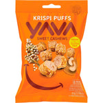 45g bag of YAVA Krispi Puffs Sweet Cashews featuring sorghum puffs coated in cashew and peanut butter.