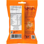 Back of Yava Krispi Puffs Sweet Cashews 45g bag with nutrition facts, ingredients, and storage information.