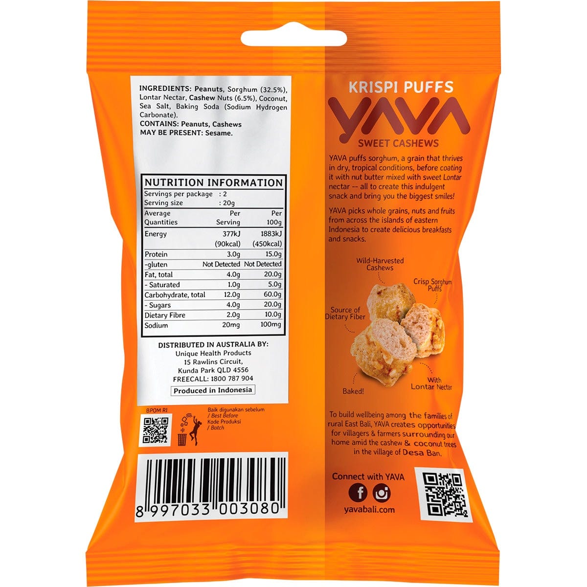 Back of Yava Krispi Puffs Sweet Cashews 45g bag with nutrition facts, ingredients, and storage information.