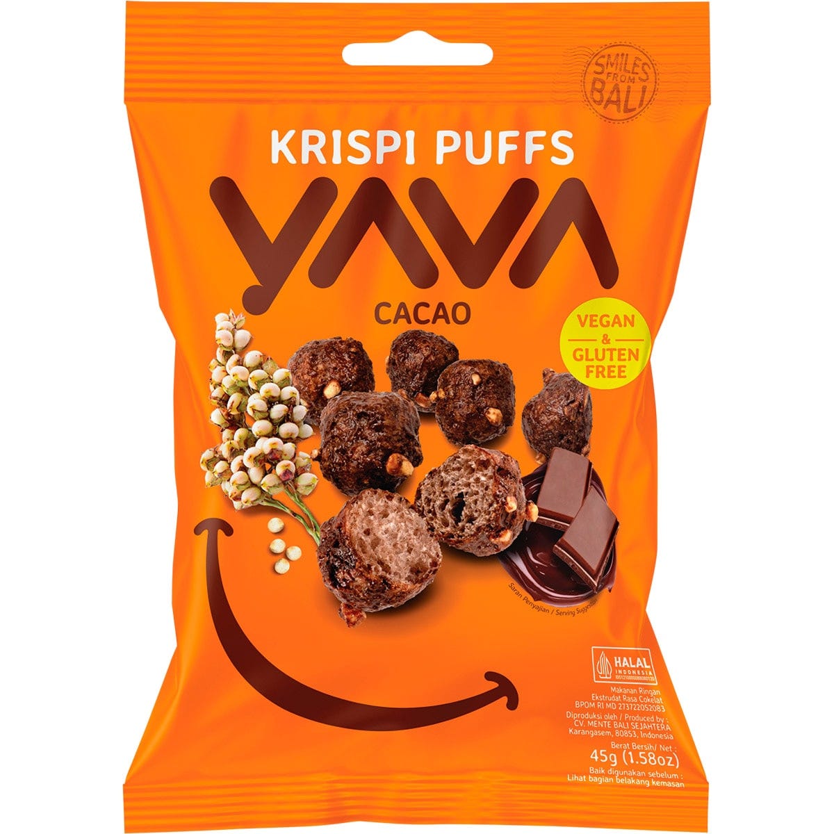 45g bag of YAVA Cacao Krispi Puffs featuring sorghum and cacao illustrations on a tropical-themed blue and white package.