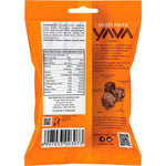 Back of YAVA Krispi Puffs Cacao 45g pack with ingredients, nutrition facts, and tropical illustrations.
