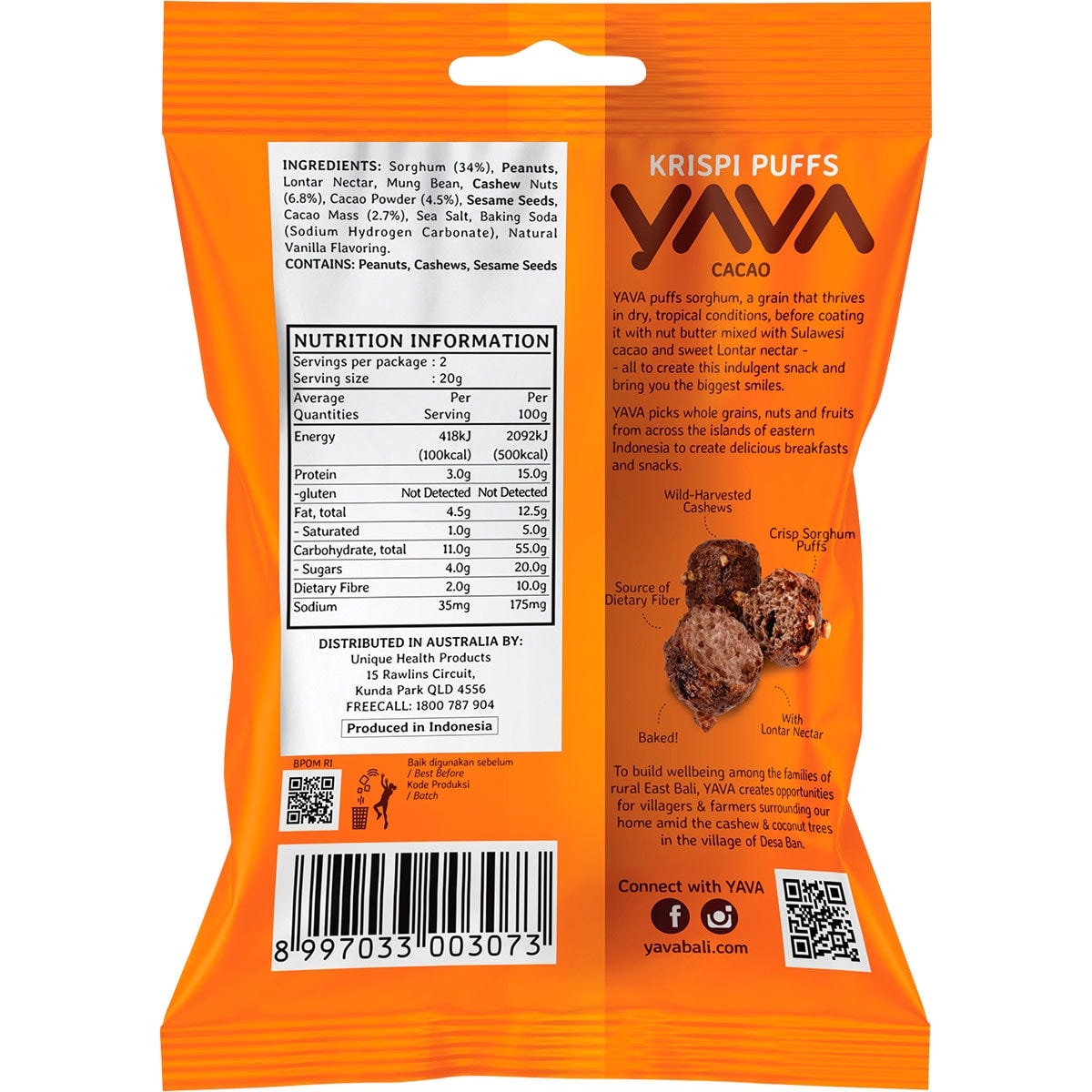 Back of YAVA Krispi Puffs Cacao 45g pack with ingredients, nutrition facts, and tropical illustrations.