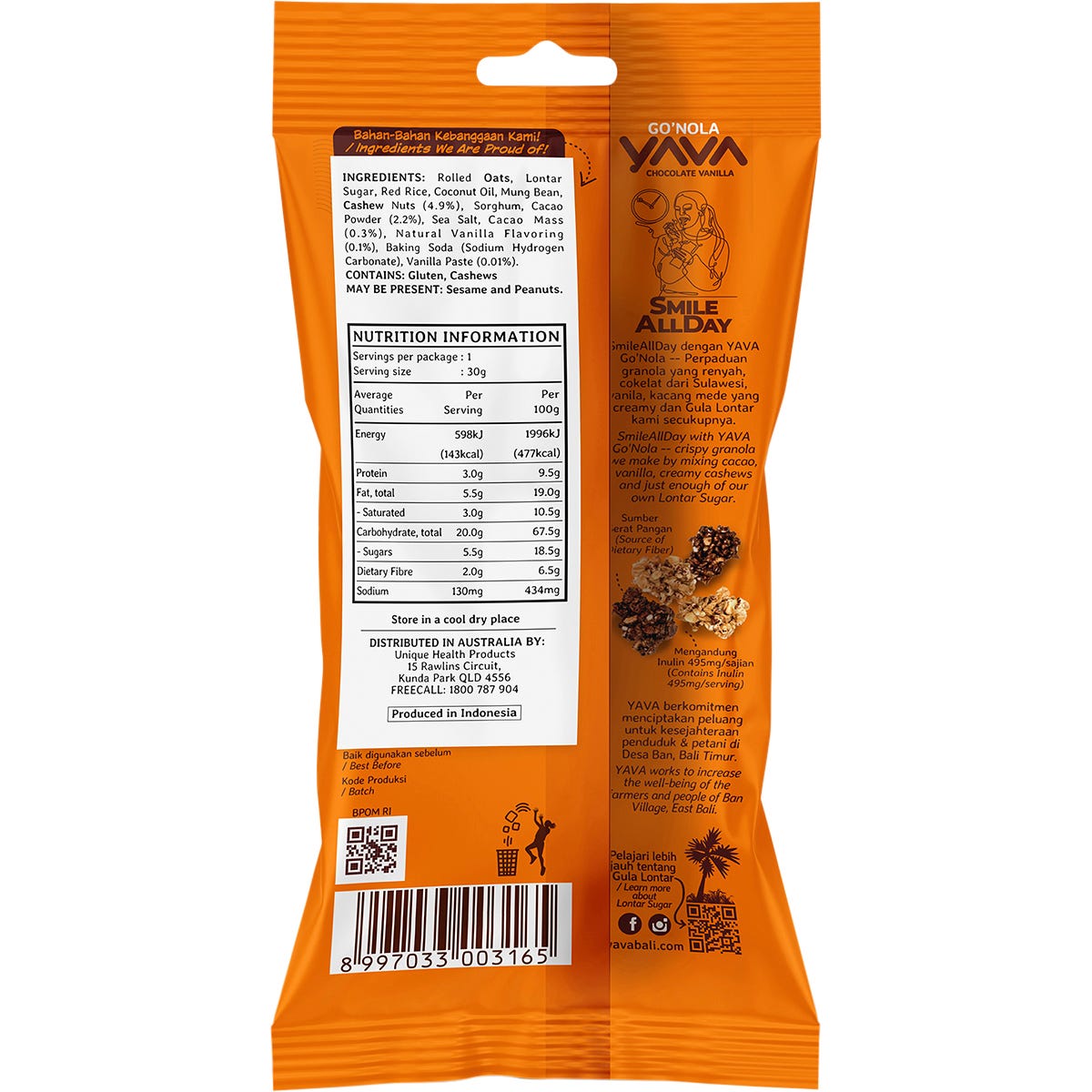 Back of YAVA Go'Nola Cacao Vanilla 30g pouch showing nutrition facts, ingredients, and allergen information.