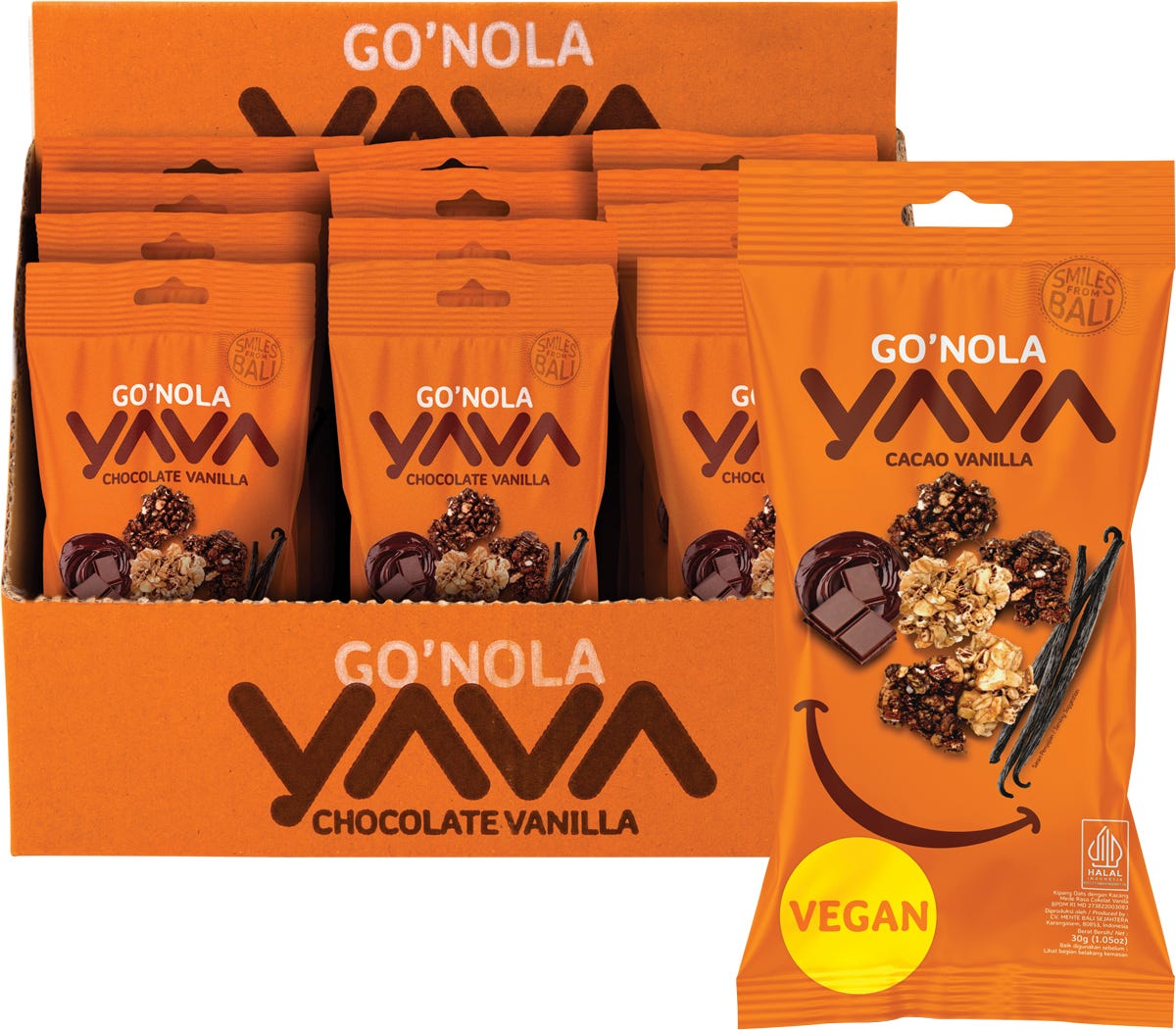 Twelve 30g pouches and a display box of YAVA Go'Nola Cacao Vanilla granola with cacao beans and cashews.