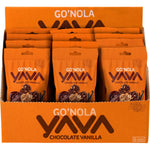 YAVA Cacao Vanilla Go'Nola granola pouch on a store shelf display among other snack products.