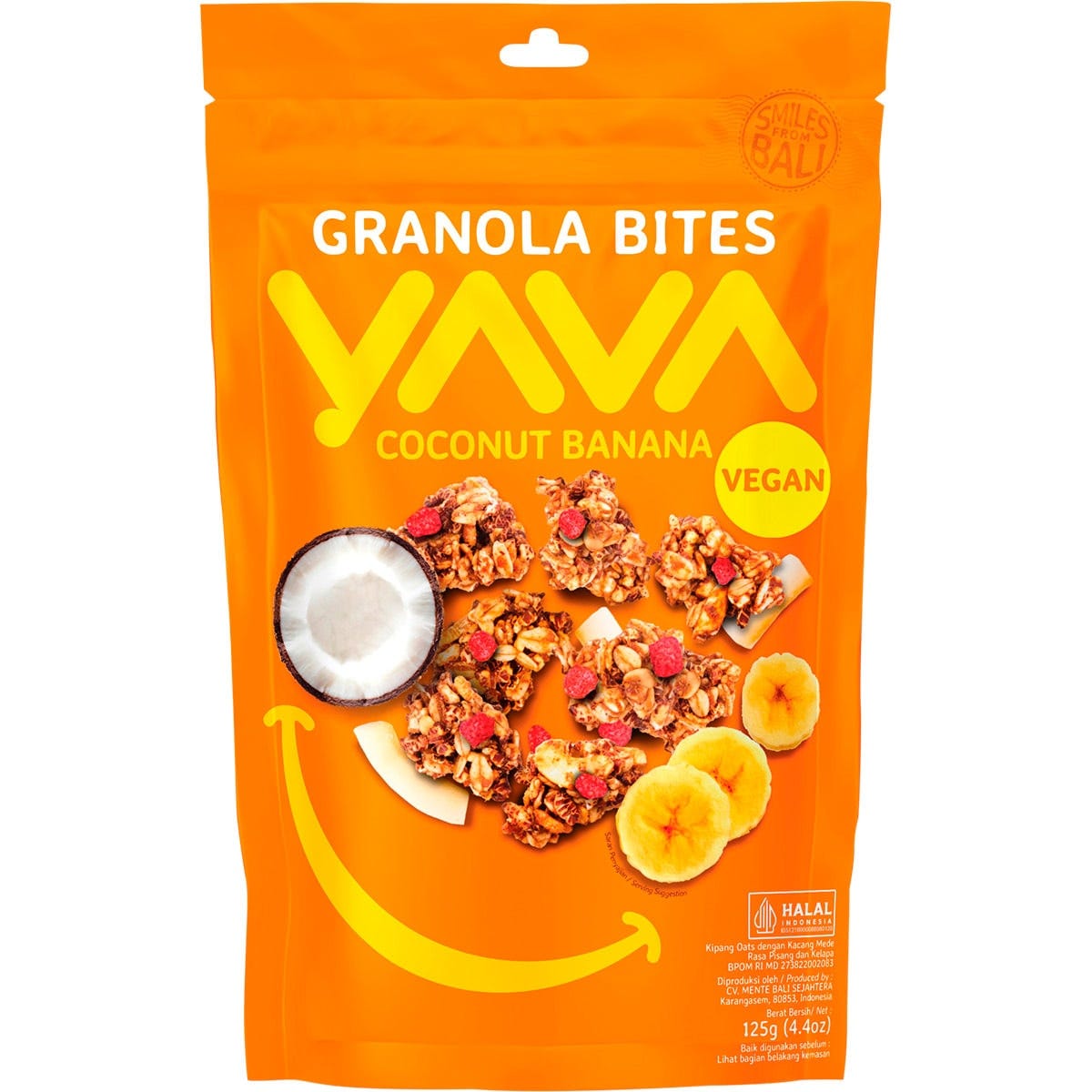 YAVA Granola Bites Coconut Banana 125g bag featuring coconut, banana, and granola clusters.