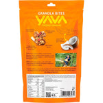 Back of YAVA Granola Bites Coconut Banana 125g bag with ingredients, nutrition facts, and storage instructions.