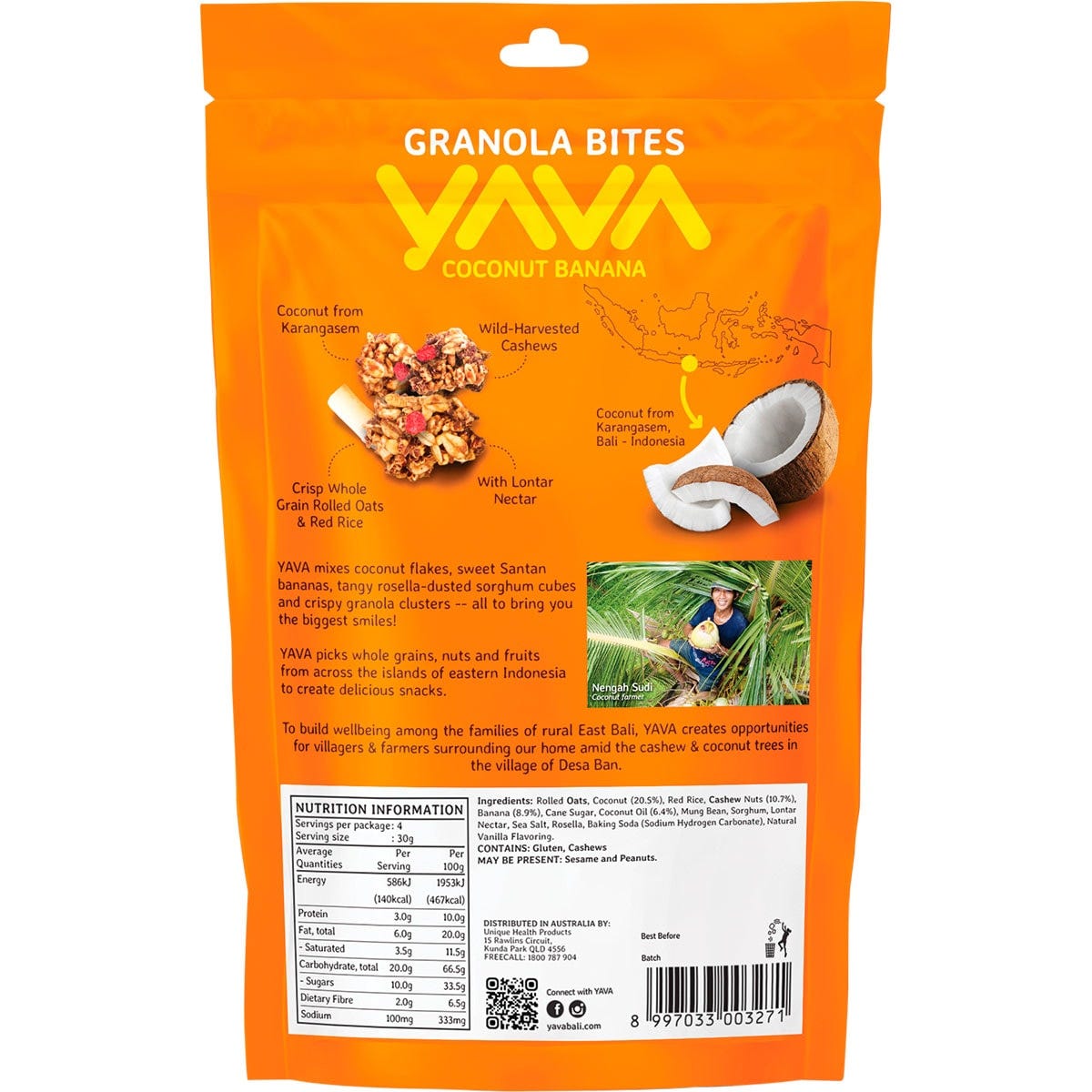 Back of YAVA Granola Bites Coconut Banana 125g bag with ingredients, nutrition facts, and storage instructions.