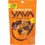 YAVA Granola Bites Chocolate Vanilla 125g bag featuring crispy granola clusters with cacao, cashews, and vanilla.