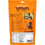 Back of YAVA Chocolate Vanilla Granola Bites 125g bag with nutrition facts, ingredients, and storage instructions.