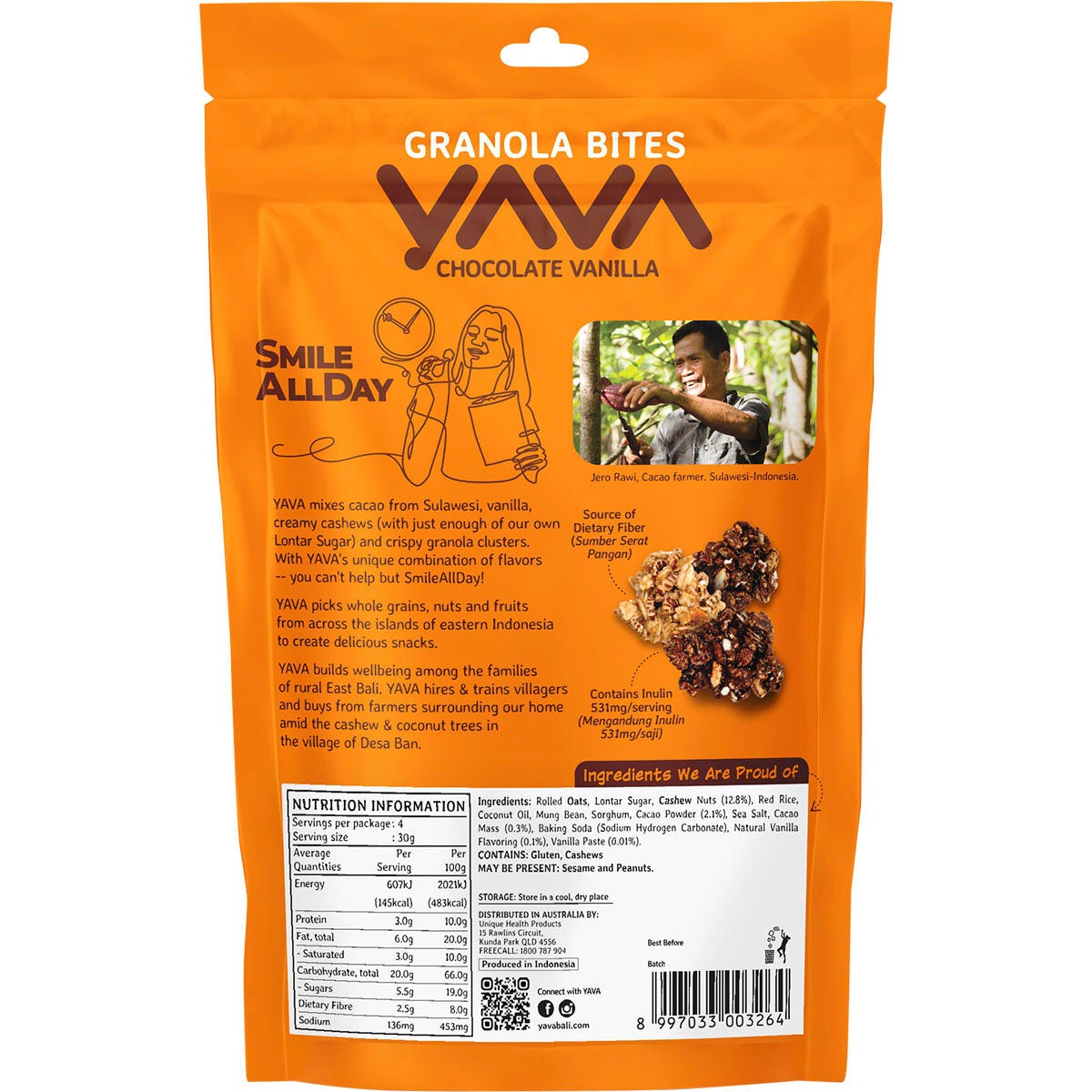 Back of YAVA Chocolate Vanilla Granola Bites 125g bag with nutrition facts, ingredients, and storage instructions.