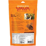 Back of YAVA Chocolate Banana Granola Bites 125g bag with ingredients, nutrition facts, and storage information.