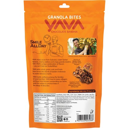 Back of YAVA Chocolate Banana Granola Bites 125g bag with ingredients, nutrition facts, and storage information.