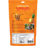 Back of YAVA Tropical Fruits Granola Bites 125g bag with ingredients, nutrition facts, and storage instructions.