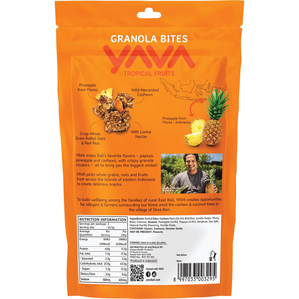 Back of YAVA Tropical Fruits Granola Bites 125g bag with ingredients, nutrition facts, and storage instructions.