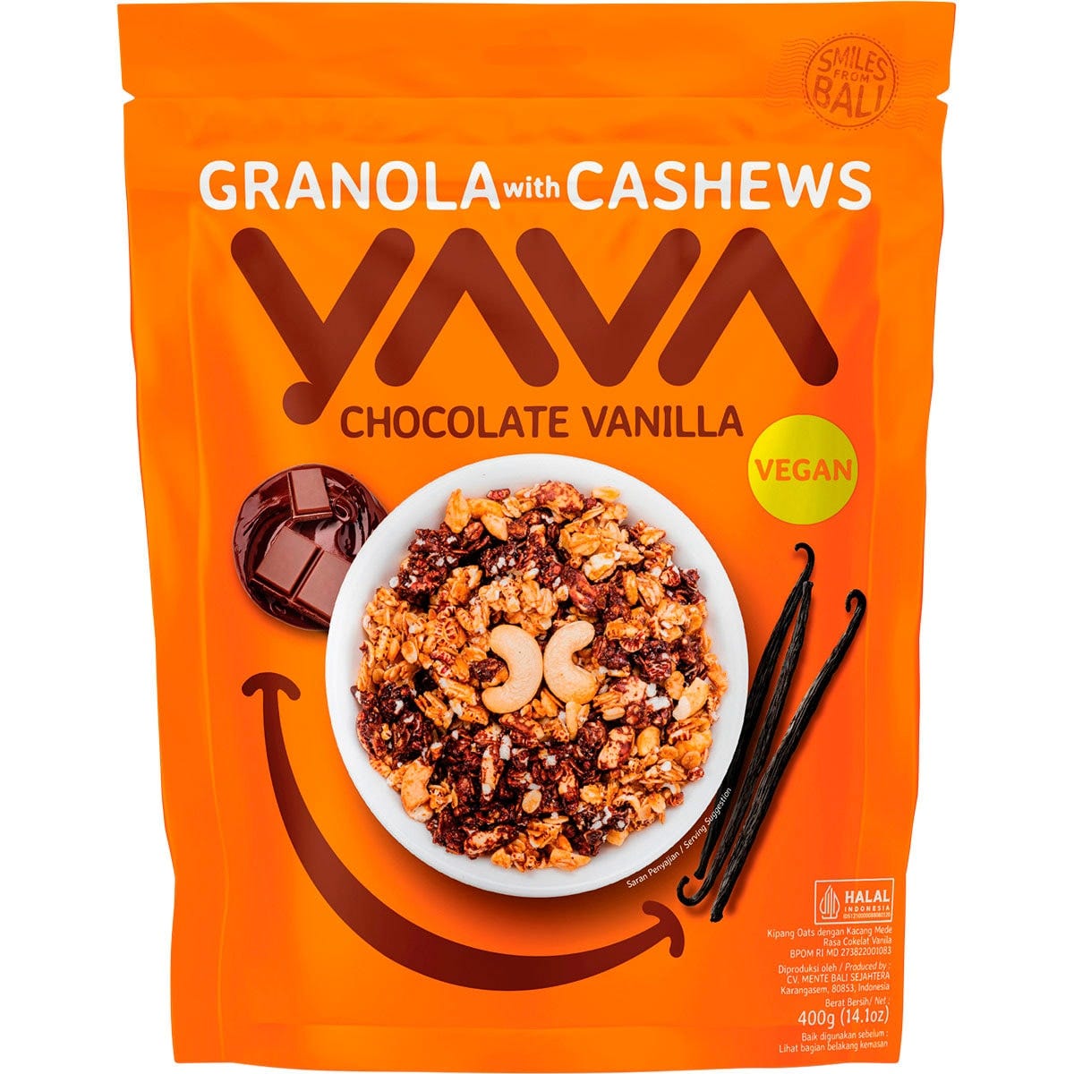 Yava Granola with Cashews Chocolate Vanilla 400g bag featuring cacao, vanilla, and crispy clusters.