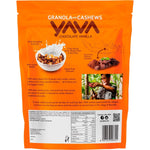 Back of 400g YAVA Chocolate Vanilla Granola bag with nutrition facts, ingredients, and storage instructions.