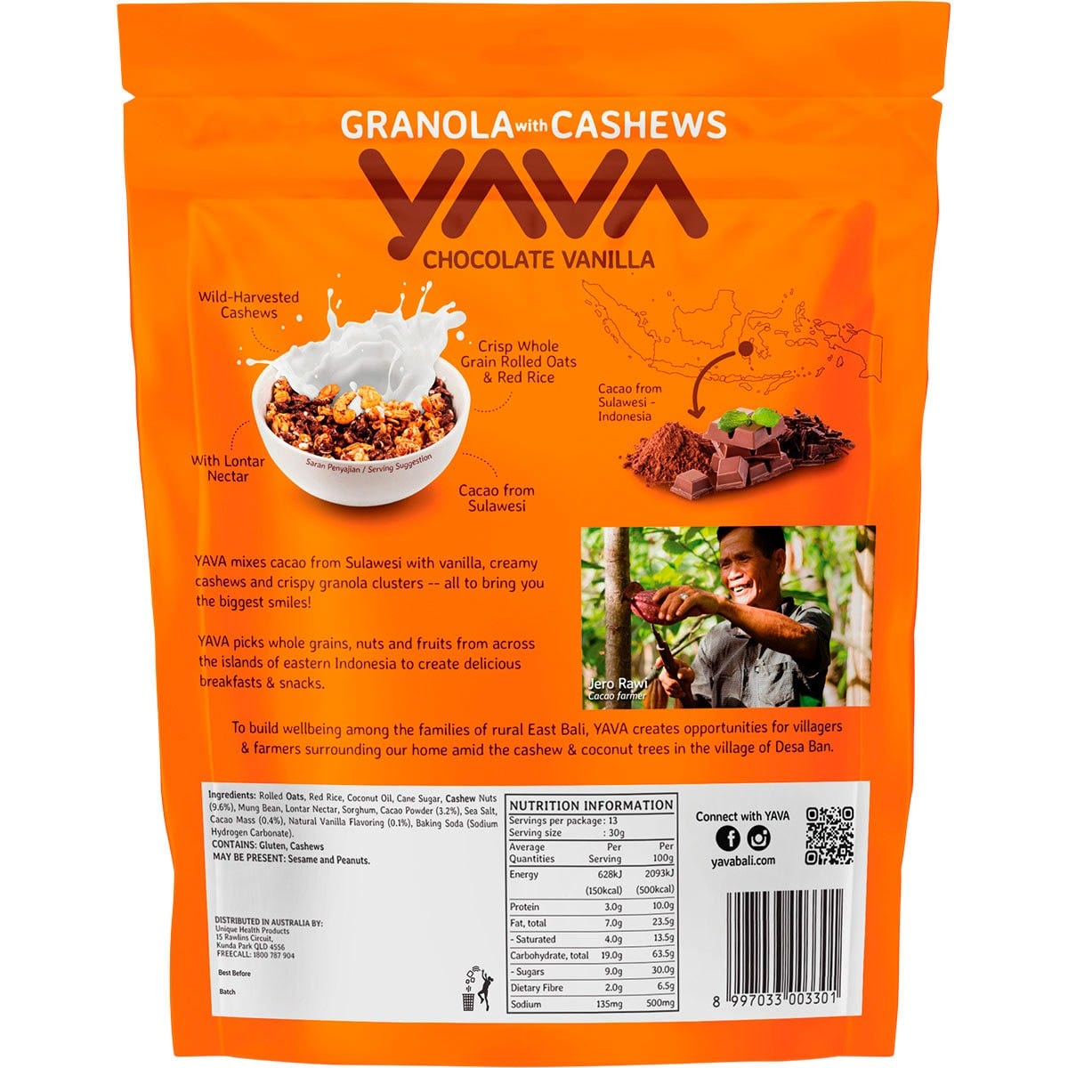 Back of 400g YAVA Chocolate Vanilla Granola bag with nutrition facts, ingredients, and storage instructions.