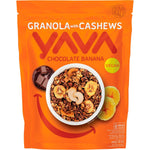 400g bag of YAVA Granola with Cashews Chocolate Banana featuring whole grains and tropical fruit illustrations.
