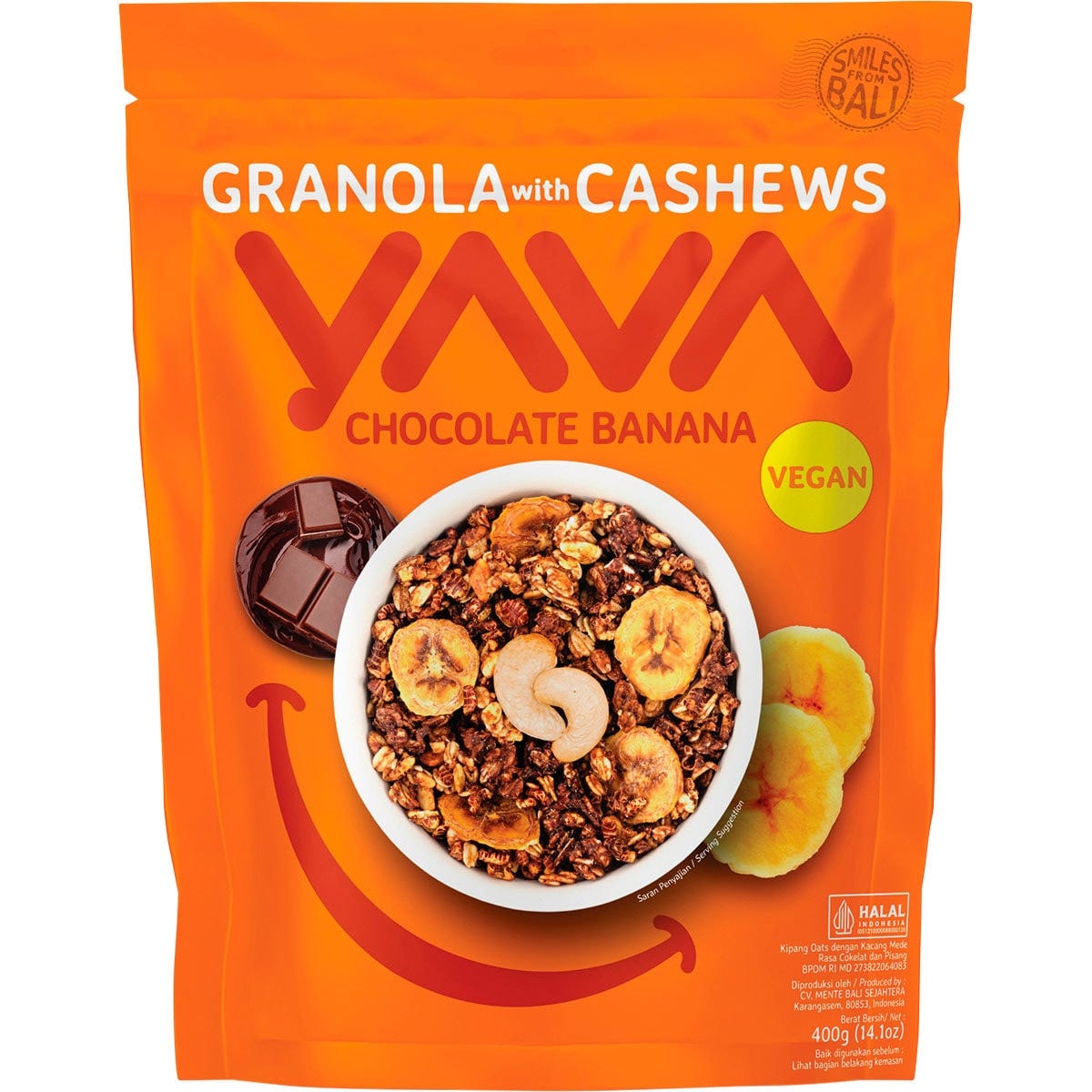 400g bag of YAVA Granola with Cashews Chocolate Banana featuring whole grains and tropical fruit illustrations.