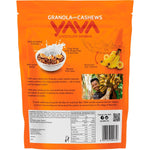 Back of YAVA Chocolate Banana Granola 400g bag with ingredients, nutrition facts, and storage instructions.