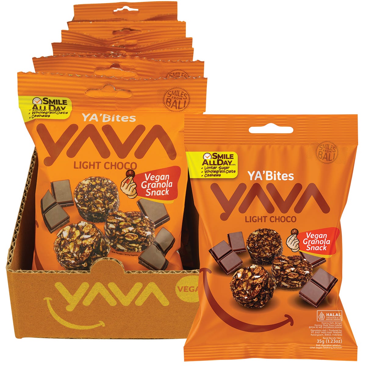 YAVA YA'Bites Granola Snack Light Choco 8x35g box and individual snack packs with chocolate granola pieces.