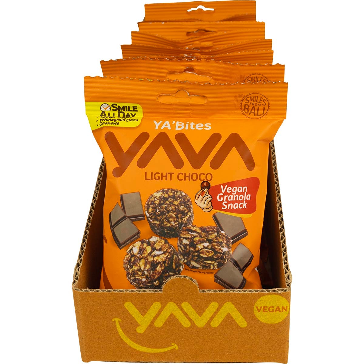Retail display box of YAVA Light Choco Granola Bites with individual 35g packs on a white background.