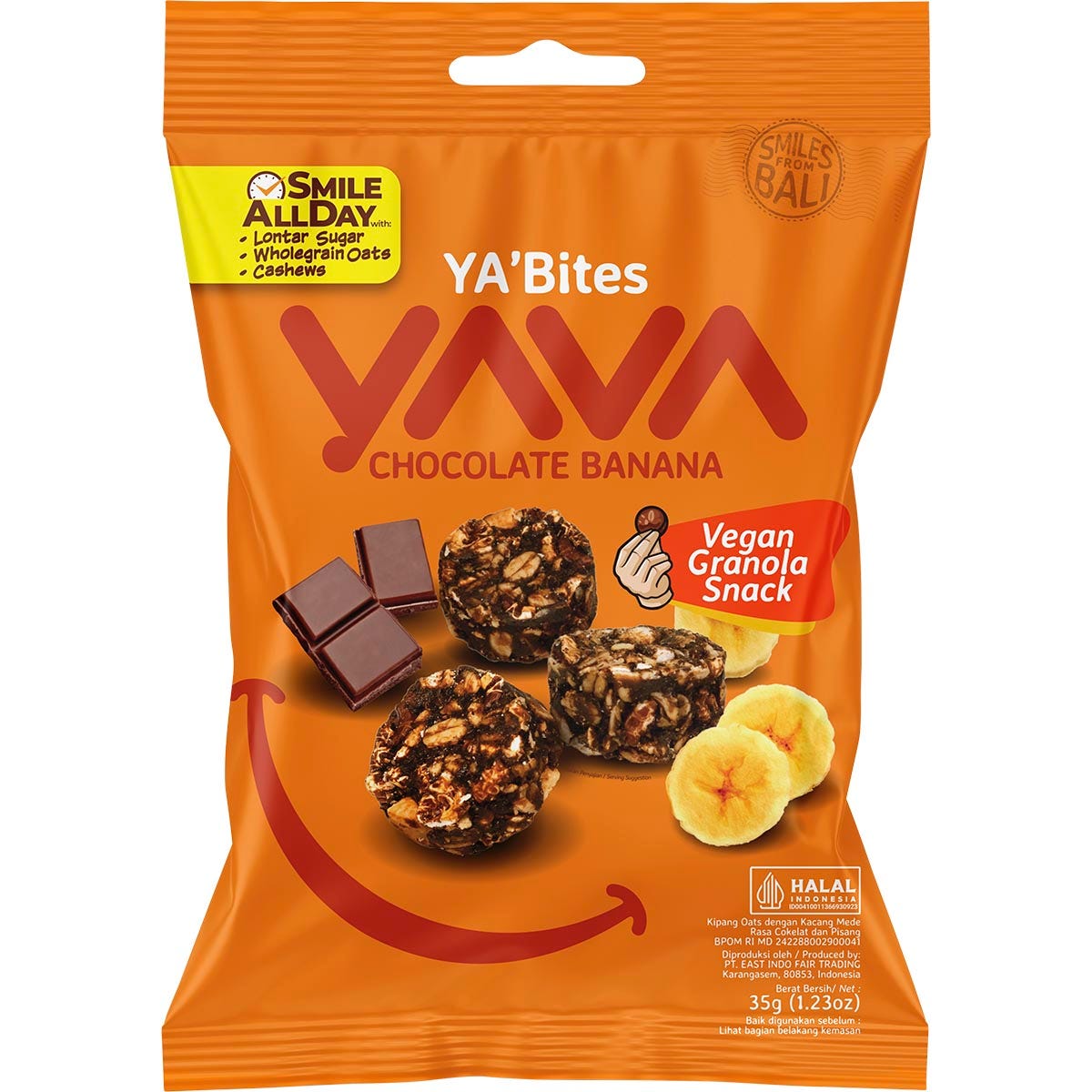 A 35g bag of YAVA Chocolate Banana Granola Bites featuring whole grains, cashews, and bananas on a brown label.