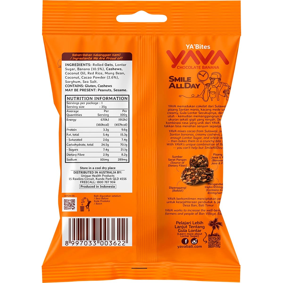 Back of YAVA Chocolate Banana Granola Bites bag showing ingredients, nutrition facts, and a map of Indonesia.