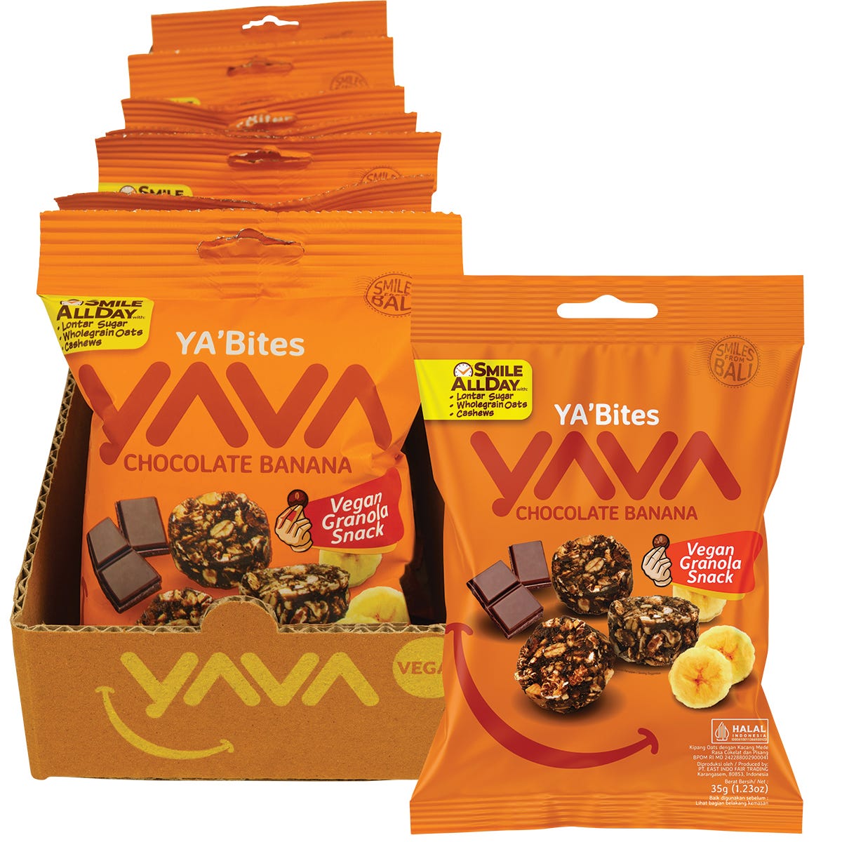 Pack of YAVA YA'Bites Chocolate Banana Granola Snacks with chocolate granola clusters and banana pieces.