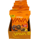 Retail display box filled with individual 35g packs of YAVA Chocolate Banana Granola YA'Bites on a white background.