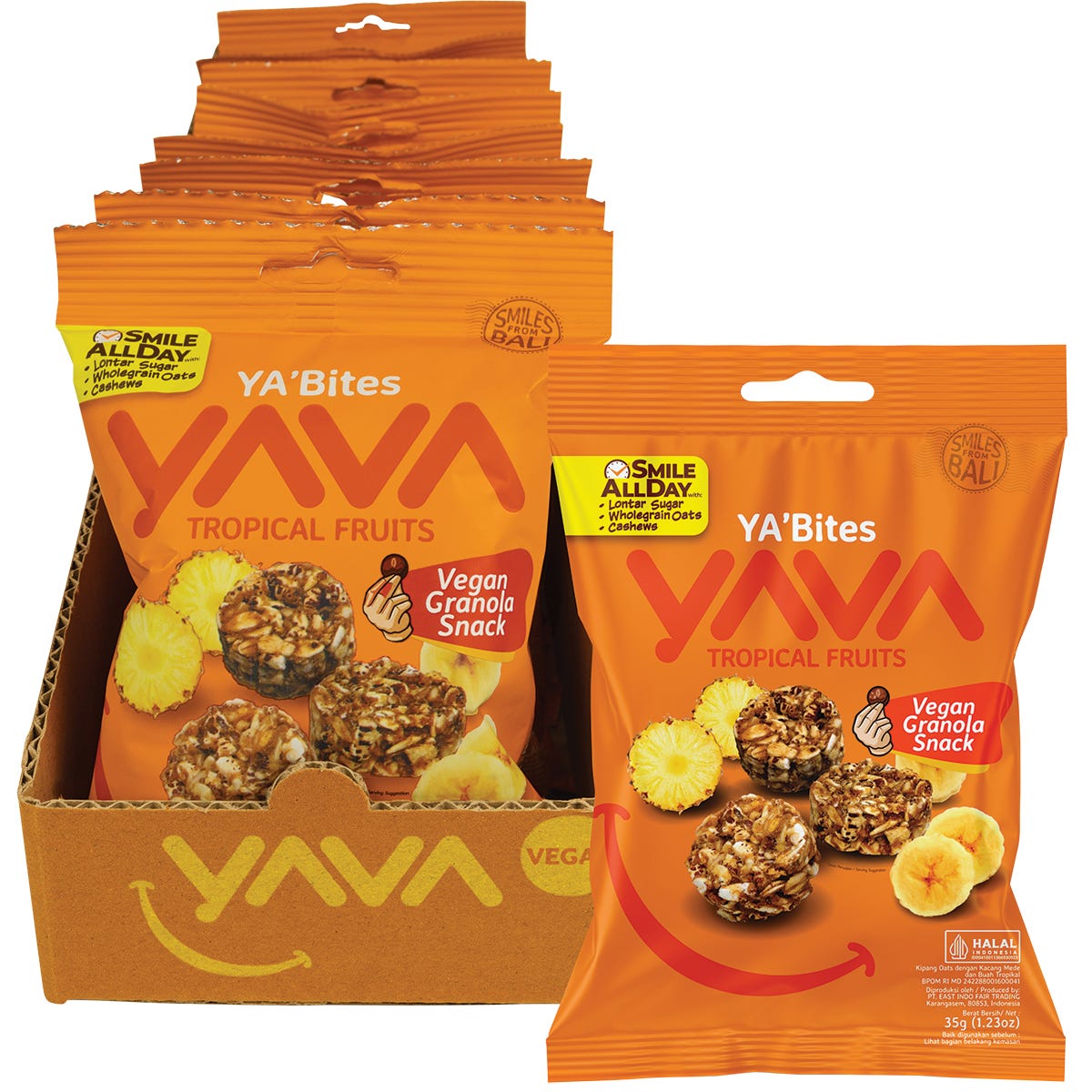 Eight 35g packs of Yava Tropical Fruits Granola Bites displayed with loose granola, dried fruits, and nuts.