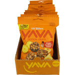 Retail display box of YAVA Tropical Fruits Granola Bites with individual 35g snack packs on a white background.