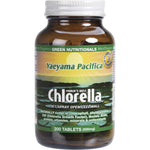 200 tablets of Green Nutritionals Yaeyama Pacifica Chlorella 500mg in a white bottle with a green and yellow label.