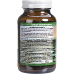 Side view of 200 Green Nutritionals Yaeyama Pacifica Chlorella 500mg tablets in a white bottle with green and yellow label.