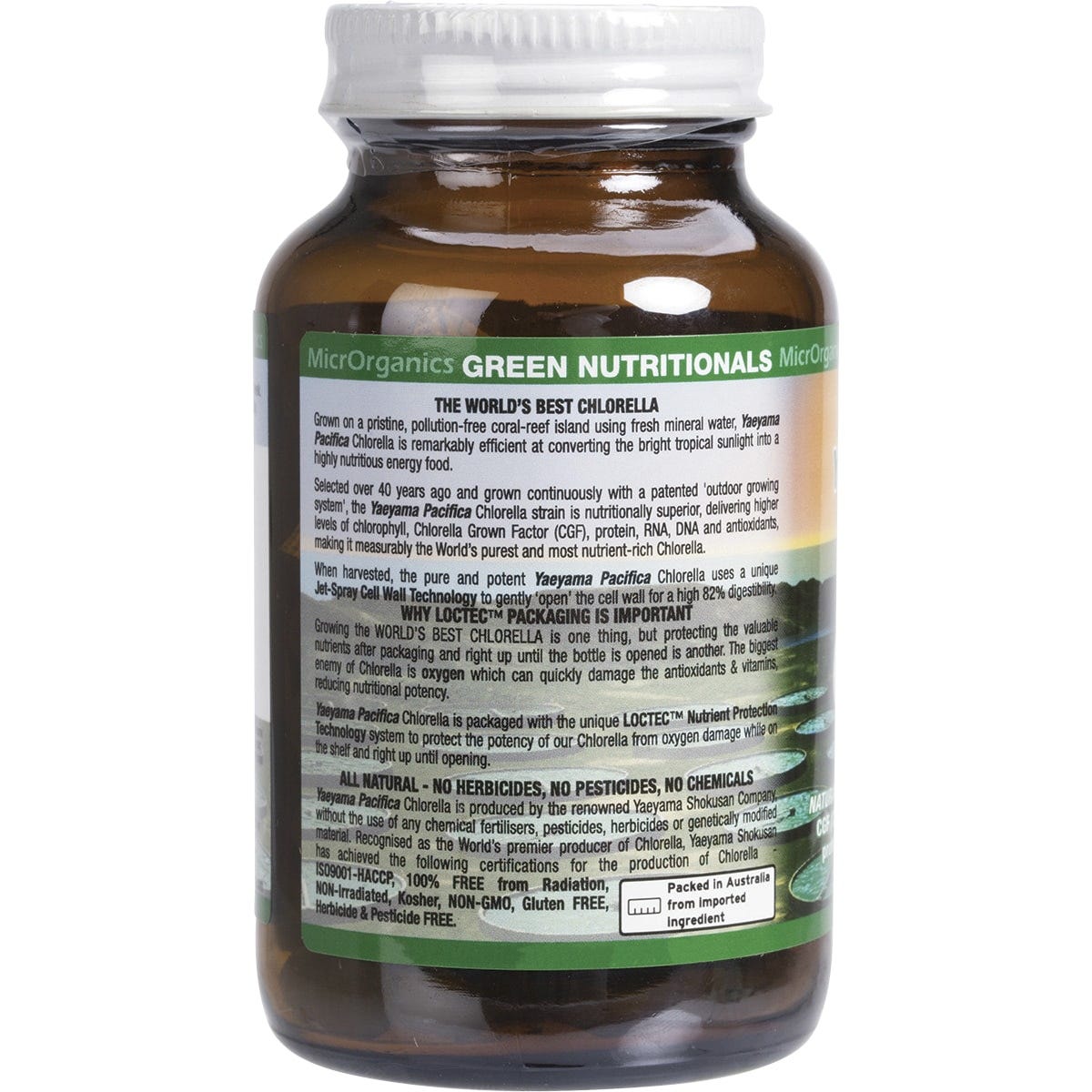 Side view of 200 Green Nutritionals Yaeyama Pacifica Chlorella 500mg tablets in a white bottle with green and yellow label.