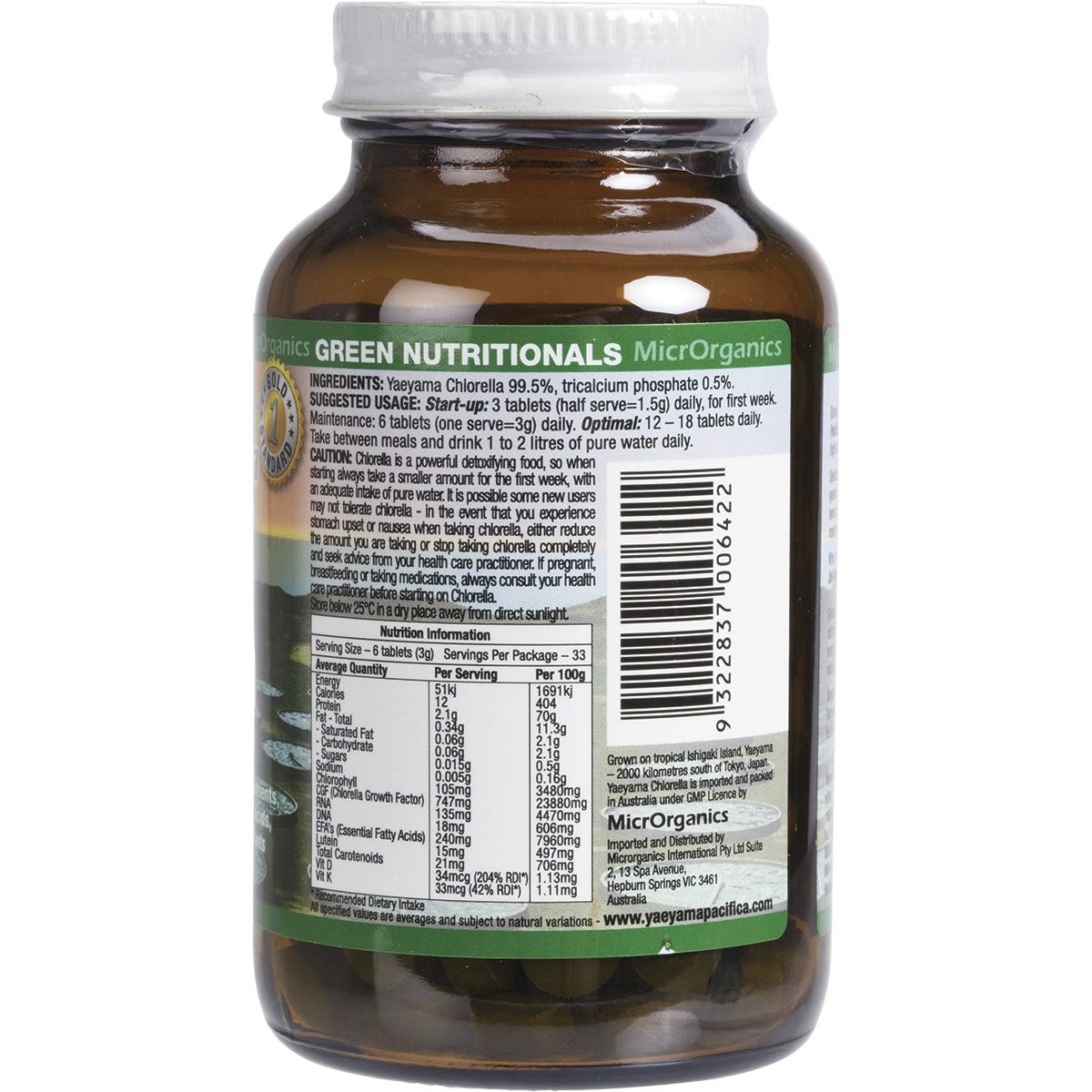 Right side view of Green Nutritionals Chlorella 200 tabs bottle showing supplemental facts and directions.