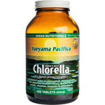 500mg Green Nutritionals Yaeyama Pacifica Chlorella 500-tablet bottle with green labeling on a white background.