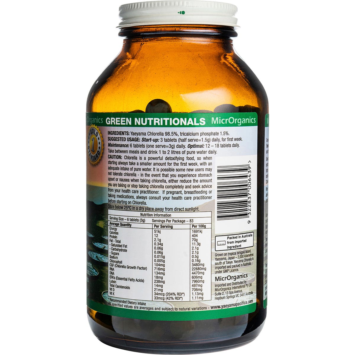 Right side of Green Nutritionals Chlorella 500-tablet bottle with nutrition facts and directions.